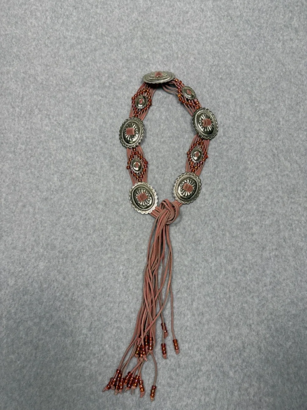 Vintage-Style Rose Boho/Western Fusion Tie-Style Belt Conchos & Beads 59” Long - Picture 5 of 5